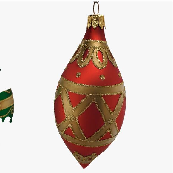 Vintage Dept 56 Teardrop Christmas Ornaments Green/Red & Mercury Glittered Gold - Picture 5 of 7
